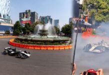 Quema llanta Checo Pérez en Paseo de Reforma previo GP